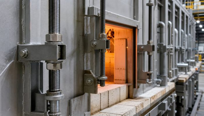 Heat-resistant studs and bolted hardware installed on an industrial furnace