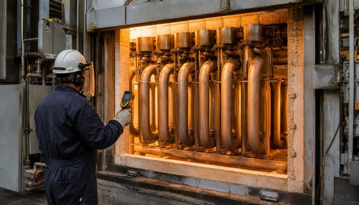 Technician inspecting an industrial furnace radiant tube bank