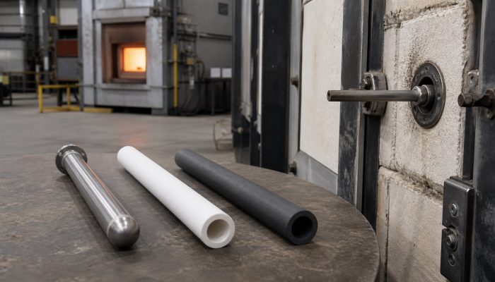 Metal alumina and silicon carbide thermocouple protection tubes beside a heat-treatment furnace