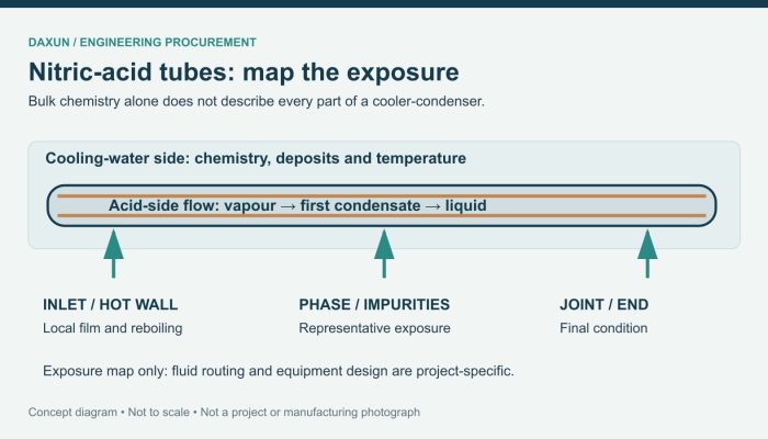 Conceptual nitric-acid cooler-condenser tube exposure map showing hot wall, phase, impurities and tube-end review
