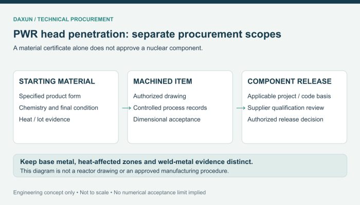 Procurement scopes for PWR upper-head penetration nozzles, separating starting material, machined item and authorized component release