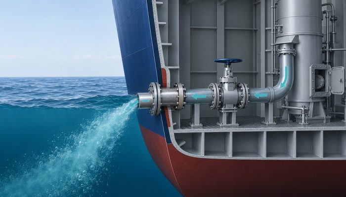 Cutaway diagram of a marine SOx scrubber overboard pipe distance piece through a ship hull