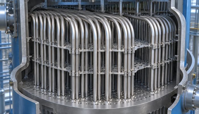 Cutaway view of a PWR steam generator U-tube bundle and support plates