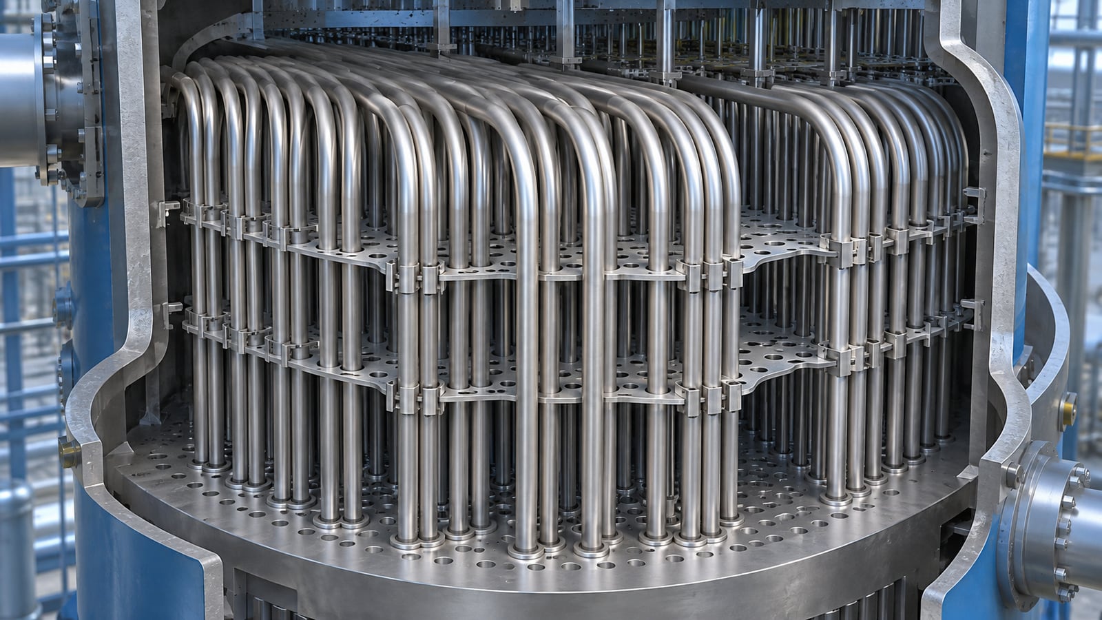 Cutaway view of a PWR steam generator U-tube bundle and support plates